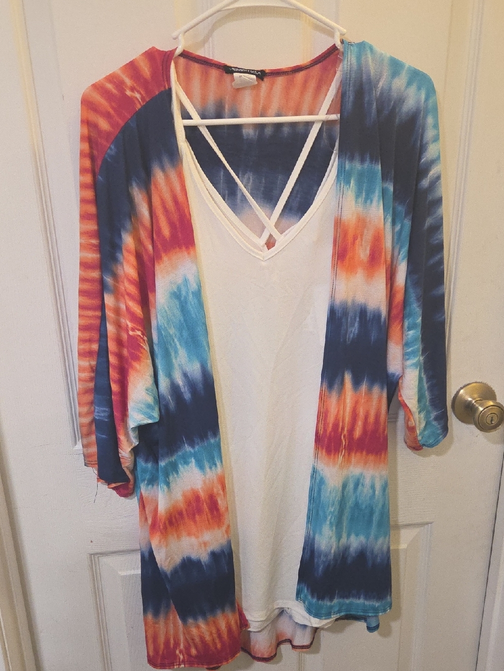 Tie-Dye Open Front Kimono Cardigan - Blue, Orange, Navy With White Cami Under